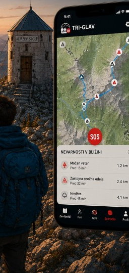 Predogled aplikacije TRI-GLAV z zemljevidom, nevarnostmi in SOS gumbom